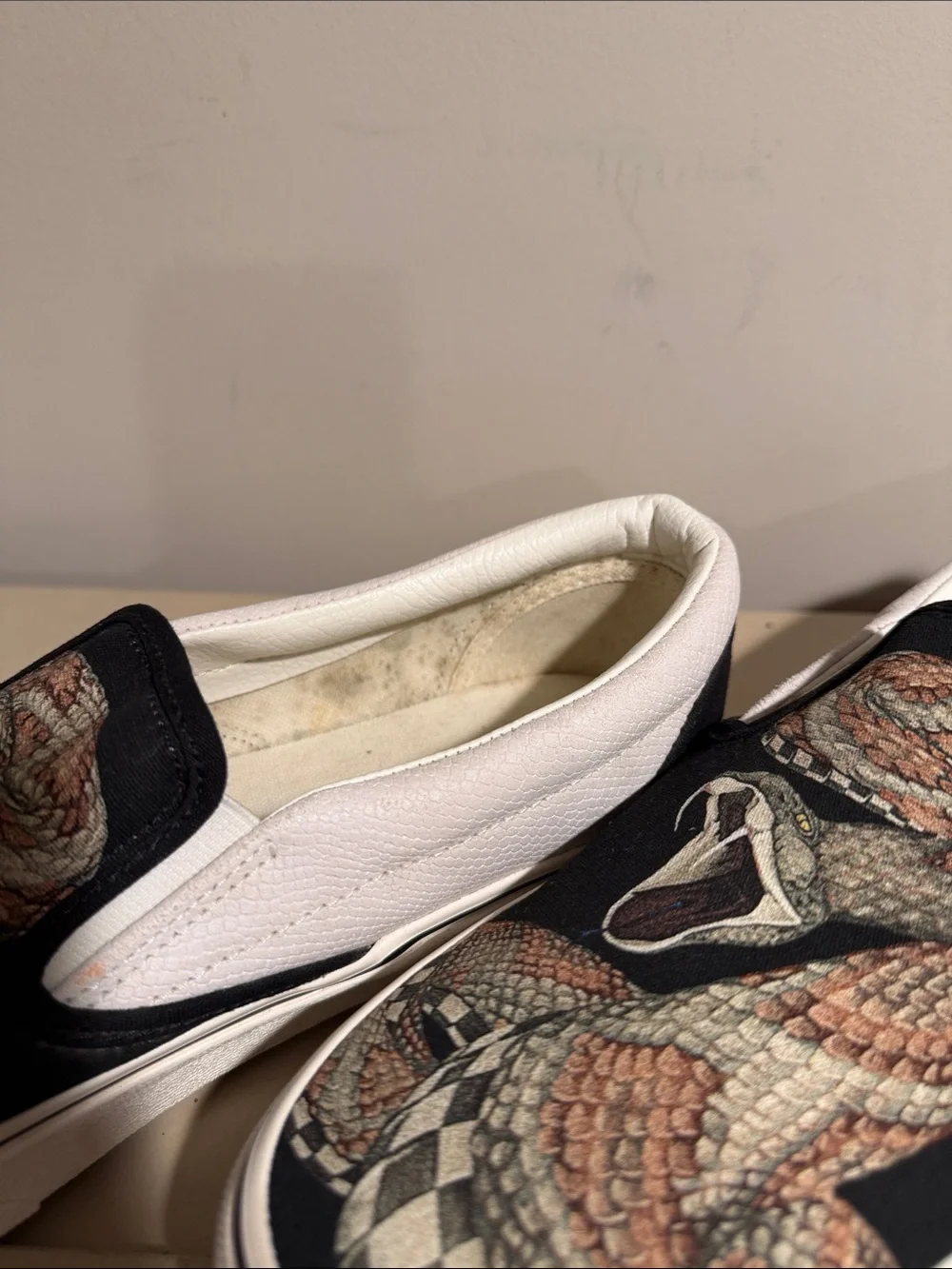 Vans Slip-On Loafers with Coiled Snake Graphic - Black, White, Brown